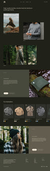 The Heritage theme has more of a free-flow, grid-breaking layout. Lifestyle photography floats on a dark neutral green background. The imagery features outdoor good and apparel.